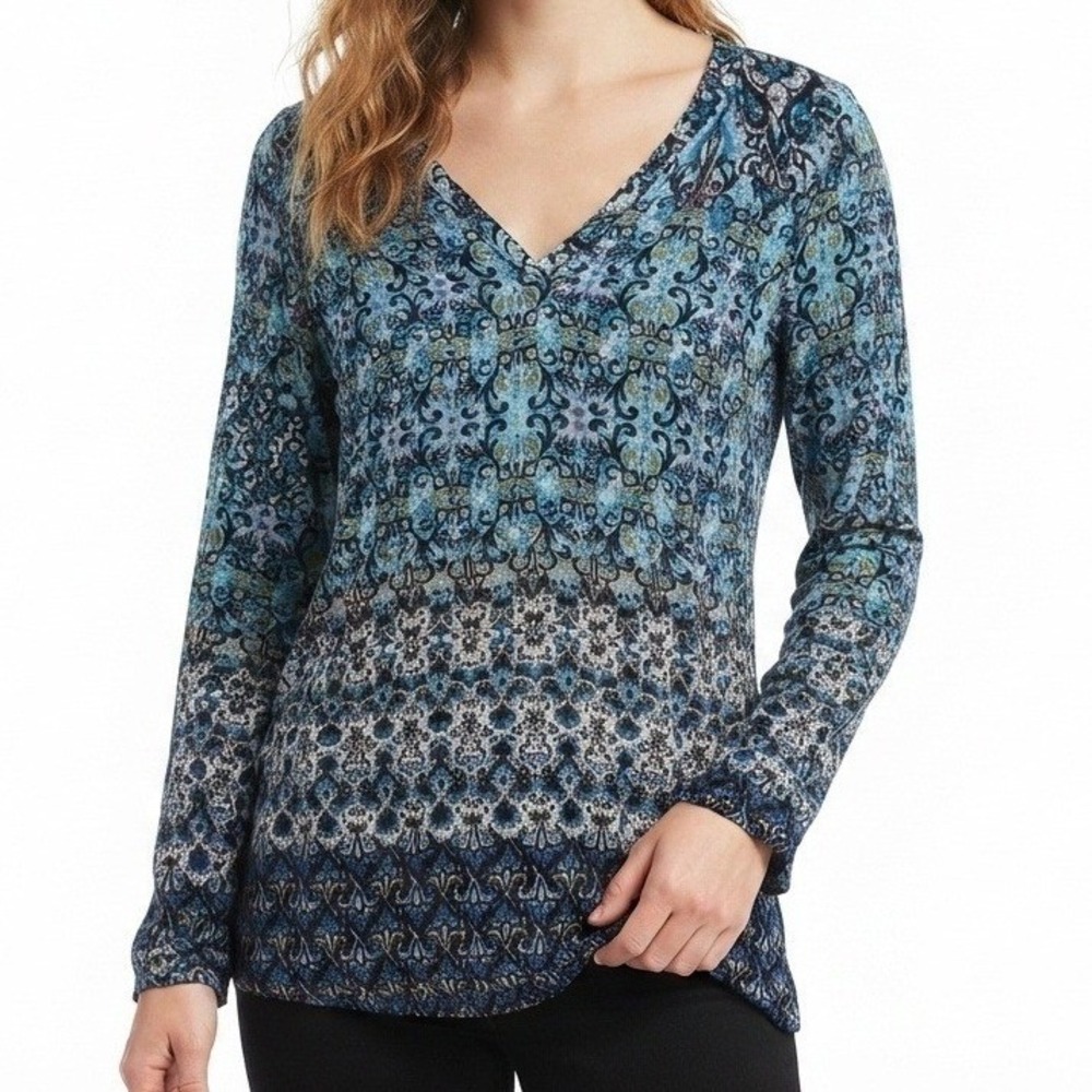 J. Jill‎ Tunic Blouse Womens Small Blue Paisley Sharkbite Hem Boho Long Sleeve
